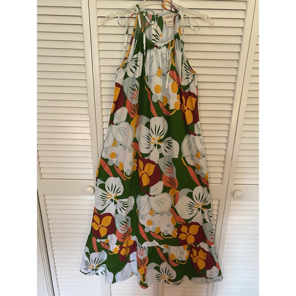 NAOO Boho Green Tropical Floral Maxi Dress L 100% Cotton Tiered Ruffle Vacation